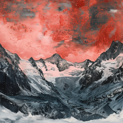 Artistic depiction of a rugged mountain range with a striking red sky overhead.