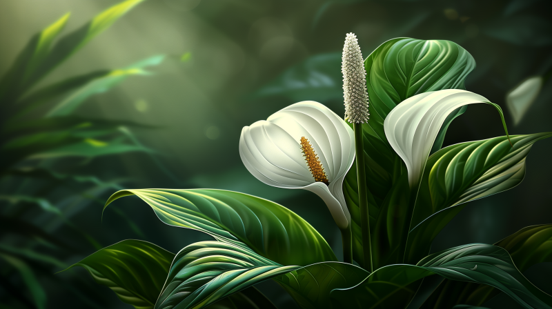 Illustration of a vibrant peace lily plant with a prominent white bloom and lush green leaves.