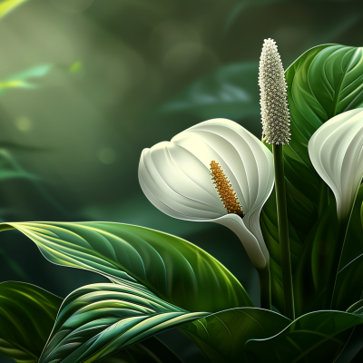 Illustration of a vibrant peace lily plant with a prominent white bloom and lush green leaves.