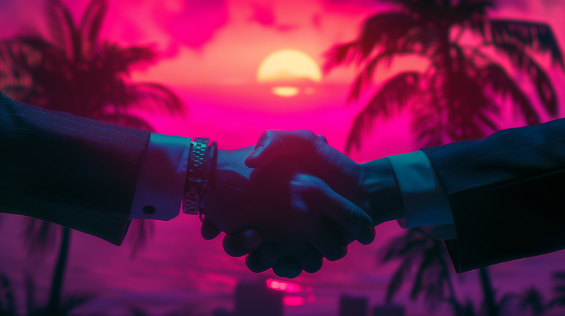 Two people shaking hands in silhouette against a retrowave style backdrop with palm trees and a sunset.