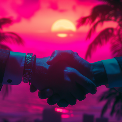 Two people shaking hands in silhouette against a retrowave style backdrop with palm trees and a sunset.