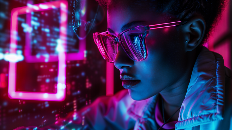 A woman wearing glasses with neon reflections giving a futuristic vibe.