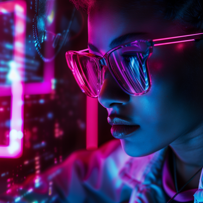 A woman wearing glasses with neon reflections giving a futuristic vibe.