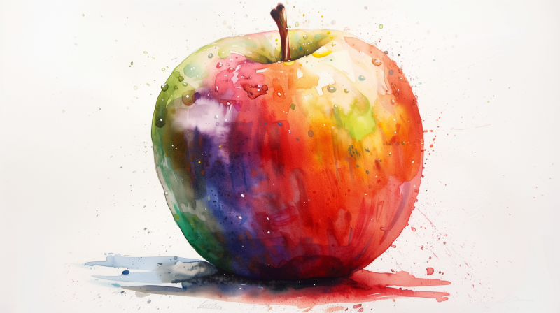 Colorful watercolor painting of an apple with vibrant splashes of various colors.