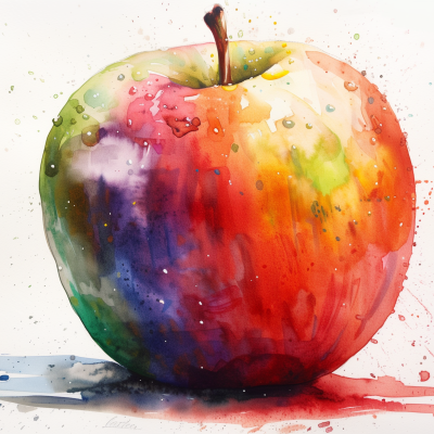 Colorful watercolor painting of an apple with vibrant splashes of various colors.