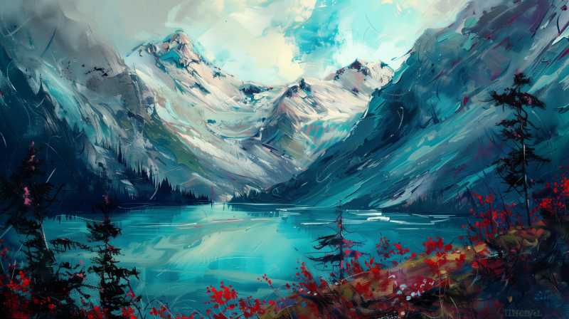 Digital art of a vibrant mountain landscape with a tranquil lake in the foreground, surrounded by lush vegetation and red foliage.