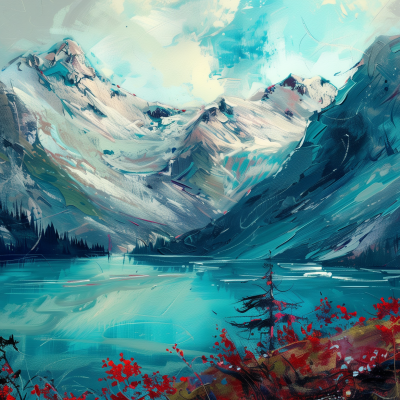 Digital art of a vibrant mountain landscape with a tranquil lake in the foreground, surrounded by lush vegetation and red foliage.