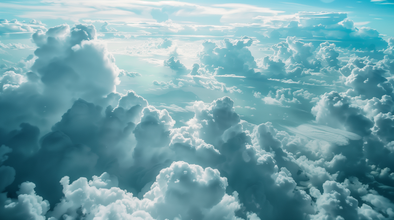 A serene view of fluffy clouds illuminated by sunlight, with varying tones of blue and white creating a tranquil sky vista.