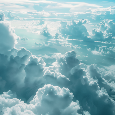 A serene view of fluffy clouds illuminated by sunlight, with varying tones of blue and white creating a tranquil sky vista.