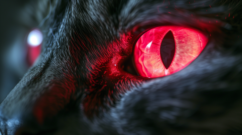 Close-up of a cat's eye with a glowing red reflection.