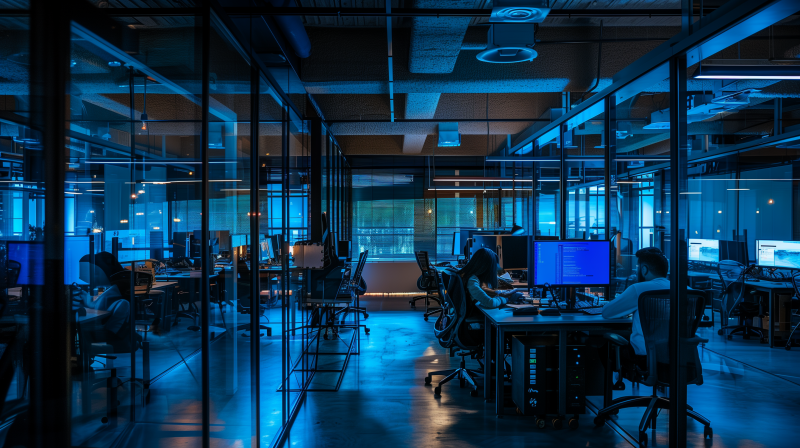 A modern office space at night with blue lighting, featuring a person working at a computer amidst rows of empty desks and chairs.