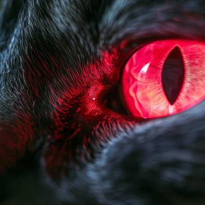 Close-up of a cat's eye with a glowing red reflection.