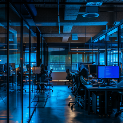 A modern office space at night with blue lighting, featuring a person working at a computer amidst rows of empty desks and chairs.