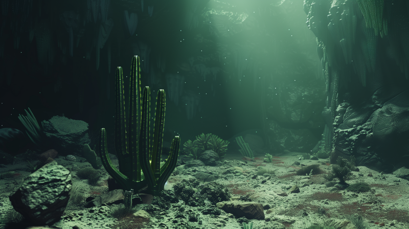 An image depicting a green cactus in a dimly lit environment with a mystical ambience, possibly a cave, with speckles of light resembling tiny floating particles around it.