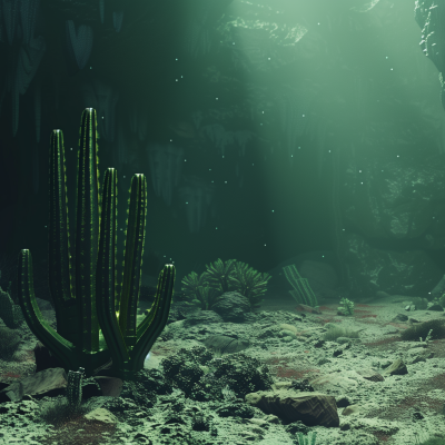 An image depicting a green cactus in a dimly lit environment with a mystical ambience, possibly a cave, with speckles of light resembling tiny floating particles around it.