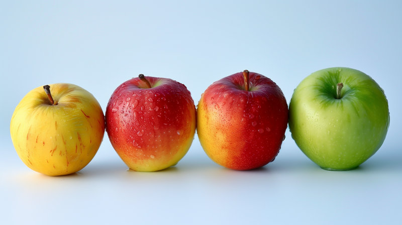 Three fresh apples with water droplets on them, with the central red apple in focus.