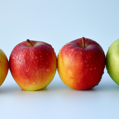 Three fresh apples with water droplets on them, with the central red apple in focus.