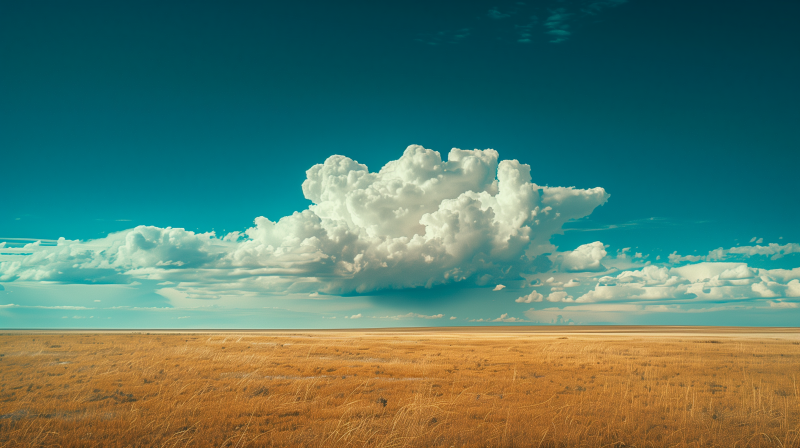 A vast field with dry, golden grass under a spacious sky with large, billowing clouds.