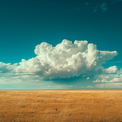 A vast field with dry, golden grass under a spacious sky with large, billowing clouds.