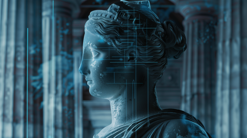 A digital artistic representation of a classical statue featuring the profile of a woman with intricate hair details, overlaid with a grid and technological interface elements, suggesting a blend of ancient art and modern technology.