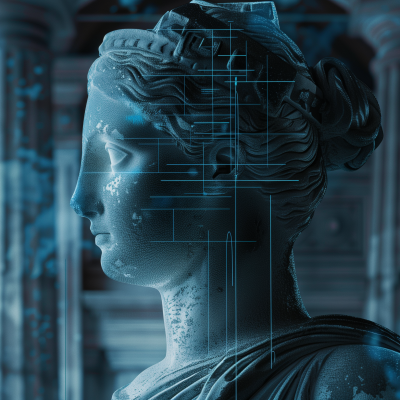 A digital artistic representation of a classical statue featuring the profile of a woman with intricate hair details, overlaid with a grid and technological interface elements, suggesting a blend of ancient art and modern technology.