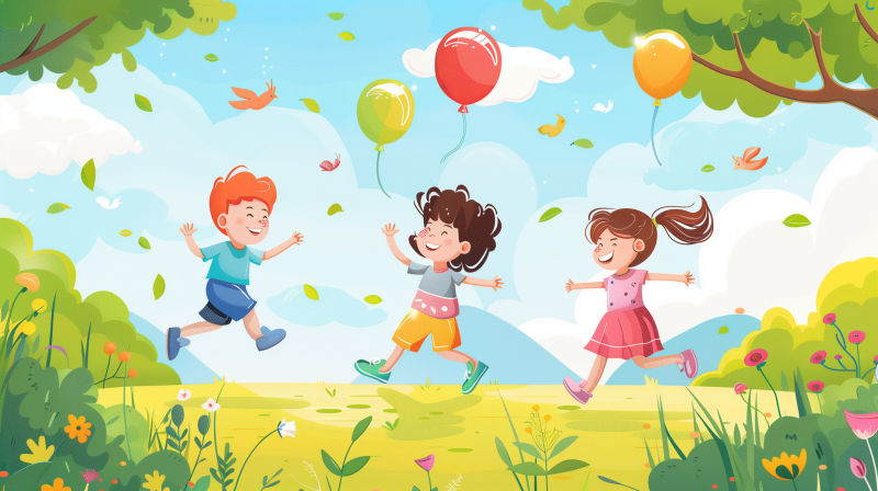 Illustration of three happy children playing and chasing balloons outdoor on a sunny day.