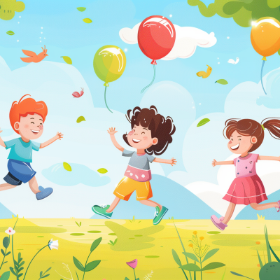 Illustration of three happy children playing and chasing balloons outdoor on a sunny day.