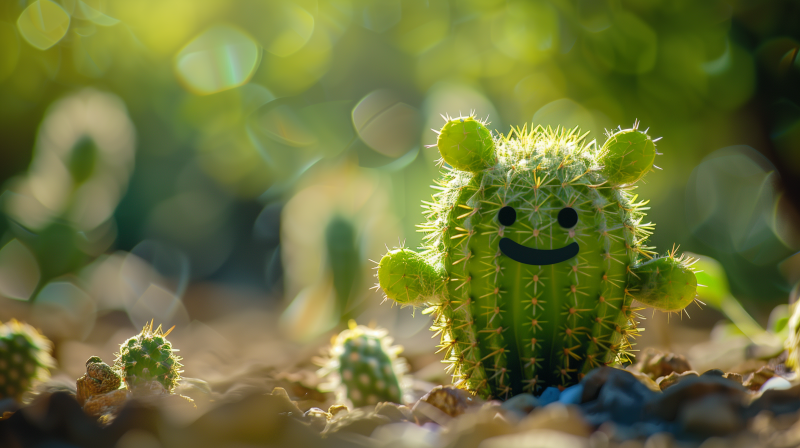 A cheerful cactus with a digitally added smiling face, backlit by sunlight creating a glowing effect around it.