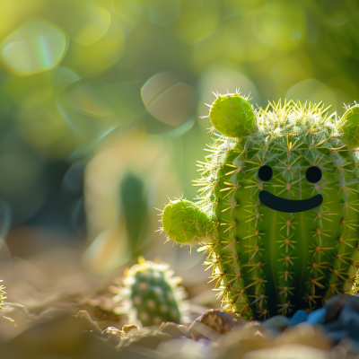 A cheerful cactus with a digitally added smiling face, backlit by sunlight creating a glowing effect around it.