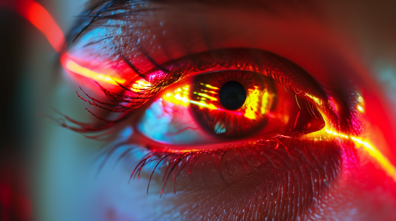 A close-up of a human eye illuminated with red and yellow light, highlighting details in the iris and eyelashes.