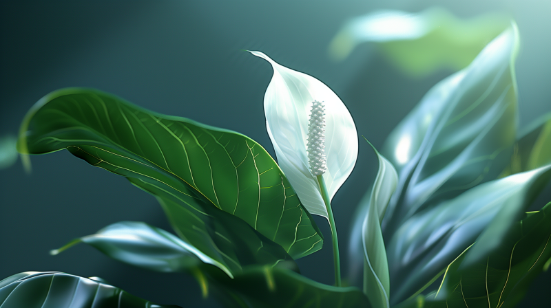 Close-up of a peace lily with a white bloom and green leaves, illustrating the plant's elegant simplicity.