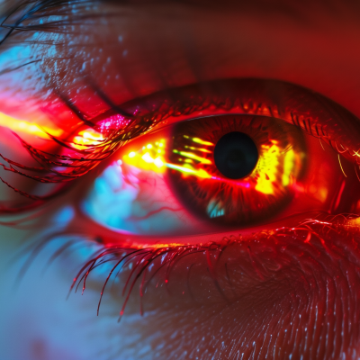 A close-up of a human eye illuminated with red and yellow light, highlighting details in the iris and eyelashes.