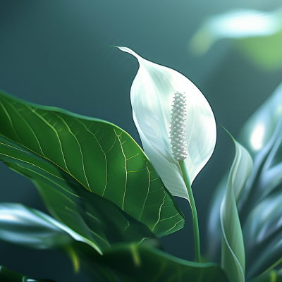 Close-up of a peace lily with a white bloom and green leaves, illustrating the plant's elegant simplicity.