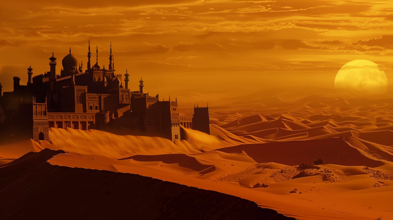 An ornate palace with multiple spires sits on the edge of vast desert dunes under a dramatic orange sky.