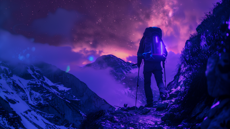 A hiker with a backpack standing on a mountain trail under a starry twilight sky.