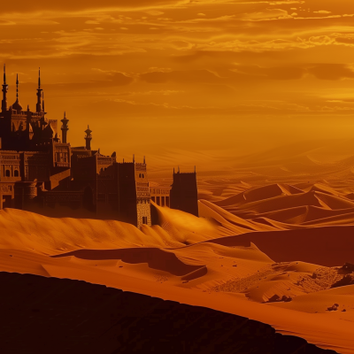 An ornate palace with multiple spires sits on the edge of vast desert dunes under a dramatic orange sky.