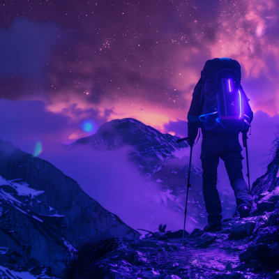 A hiker with a backpack standing on a mountain trail under a starry twilight sky.