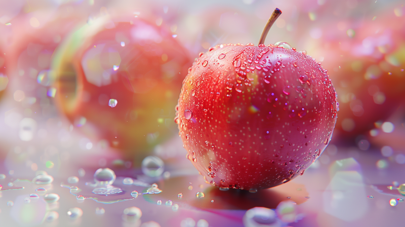 A fresh red apple with water droplets on it, with a blurred background suggesting more fruit.