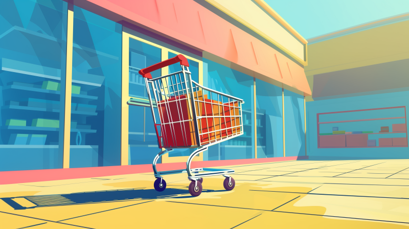 An illustration of an empty shopping cart in front of a store, bathed in sunlight.