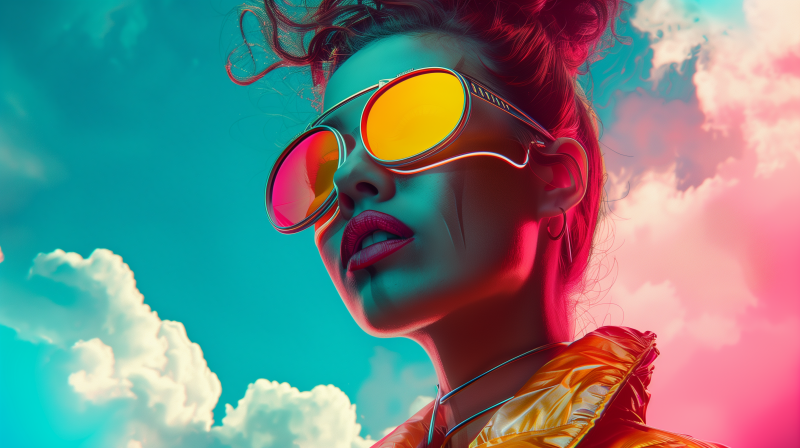 A stylish woman wearing oversized sunglasses with a colorful, aesthetic background.