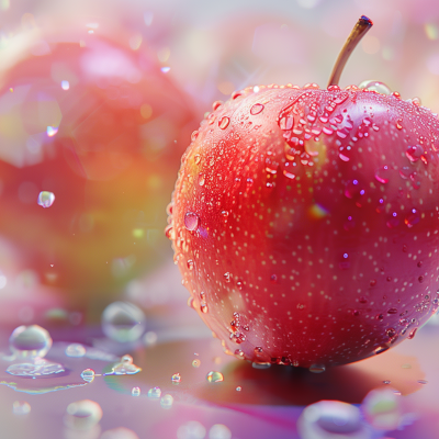 A fresh red apple with water droplets on it, with a blurred background suggesting more fruit.