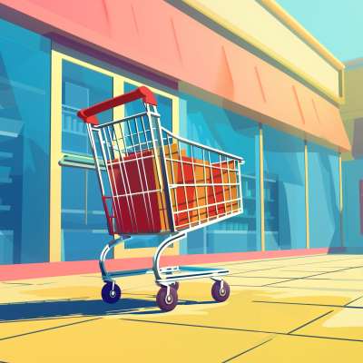 An illustration of an empty shopping cart in front of a store, bathed in sunlight.