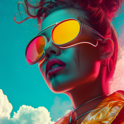 A stylish woman wearing oversized sunglasses with a colorful, aesthetic background.