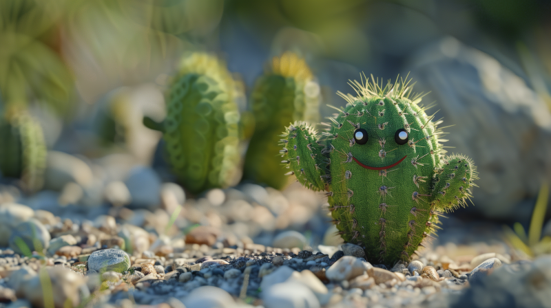 A cheerful cactus with a drawn-on smiley face, surrounded by other cacti, set against a gravelly background.