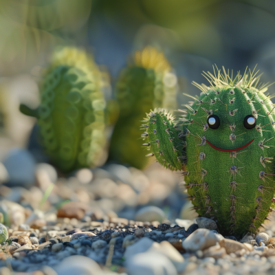 A cheerful cactus with a drawn-on smiley face, surrounded by other cacti, set against a gravelly background.