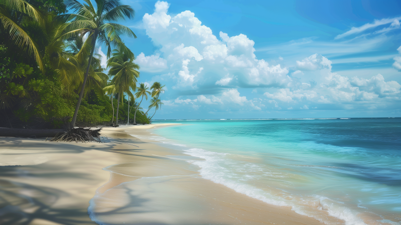 Tropical beach scene with palm trees, white sands, and clear blue water under a sky with fluffy clouds.