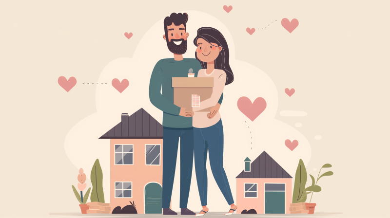 A happy couple embracing with a cardboard box, standing in front of their new home with hearts floating around, indicating love and joy.