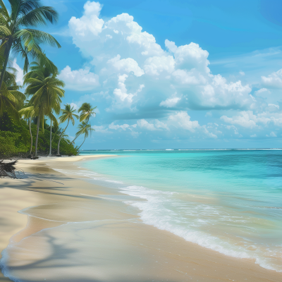 Tropical beach scene with palm trees, white sands, and clear blue water under a sky with fluffy clouds.