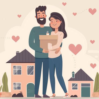 A happy couple embracing with a cardboard box, standing in front of their new home with hearts floating around, indicating love and joy.