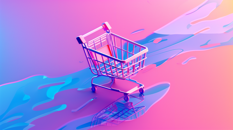 3D illustration of an empty shopping cart on a vibrant pink and blue gradient background.